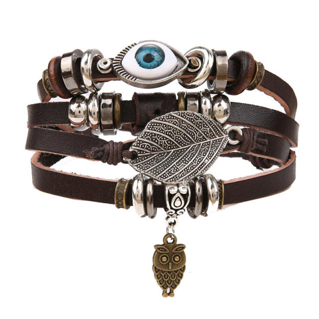 Turquoise men's woven artificial leather bracelet multi-layer leaf pendant beaded bracelet