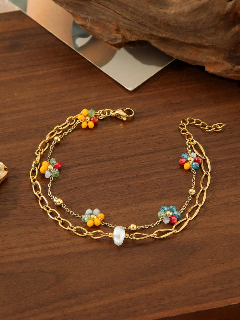 Boho vacation colorful flower stainless steel chain layer bracelet