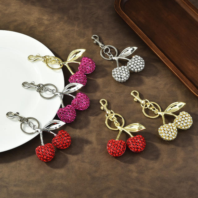 Delicate full diamond sweet cherry alloy keychain bag charm