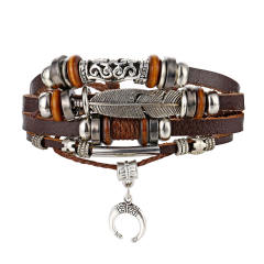 Turquoise men's woven artificial leather bracelet multi-layer leaf pendant beaded bracelet