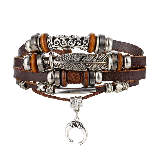 Turquoise men's woven artificial leather bracelet multi-layer leaf pendant beaded bracelet