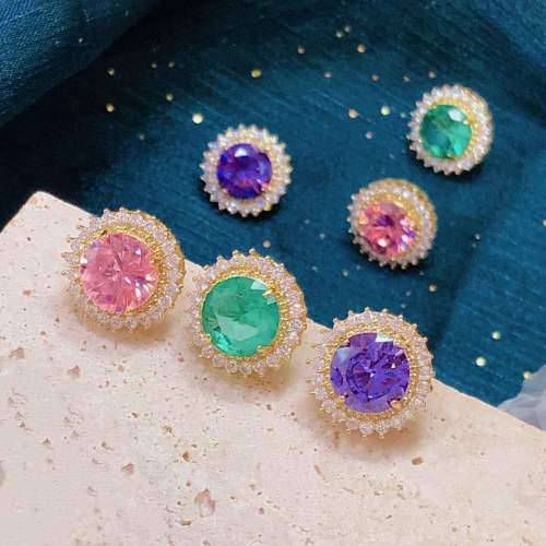 Delicate colorful cubic zircon round shape gold plated copper studs earrings