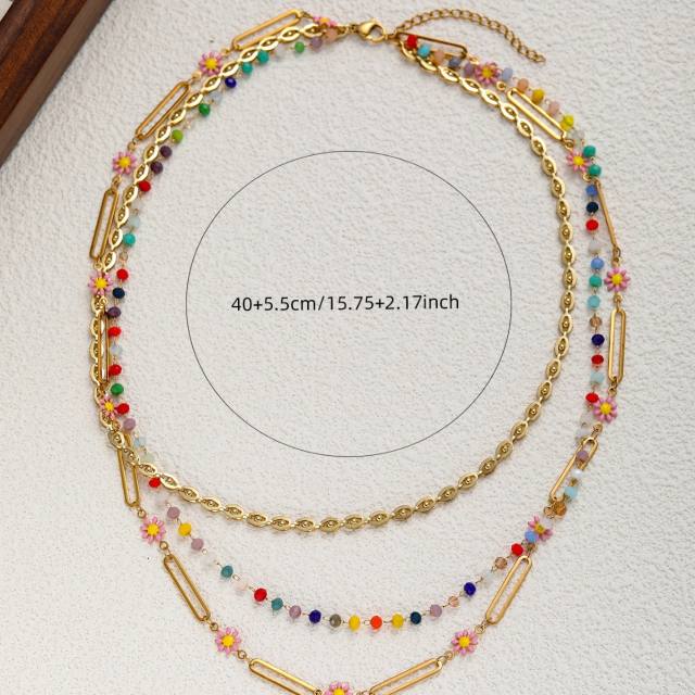 Boho colorful seed bead pink daisy flower layer stainless steel necklace