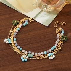 Boho turquoise zircon pearl life tree stainless steel anklet