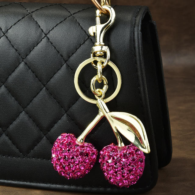 Delicate full diamond sweet cherry alloy keychain bag charm