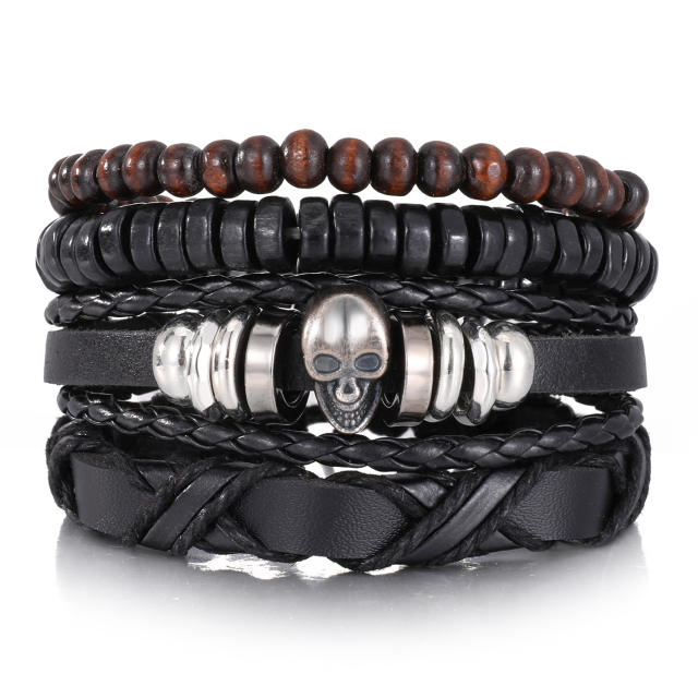 Men's DIY Woven suit Leather Bracelet Hot Selling Skull Beaded Punk Combination Bracelet