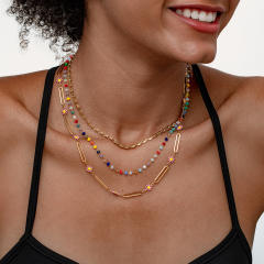Boho colorful seed bead pink daisy flower layer stainless steel necklace