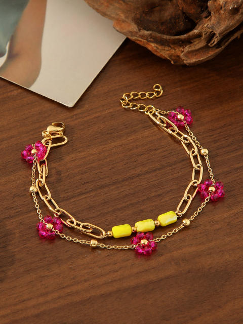 Boho vacation colorful flower stainless steel chain layer bracelet