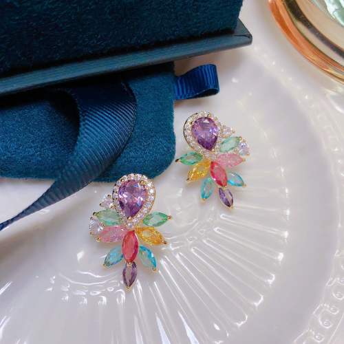 Colorful Zircon statement Flower Silver Needle Earrings