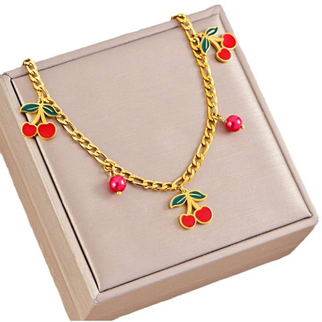 Sweet enamel Cherry charm cuban link chain stainless steel necklace Earrings set