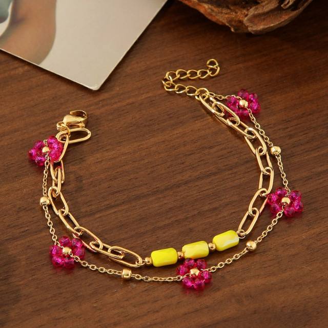 Boho vacation colorful flower stainless steel chain layer bracelet