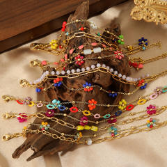 Boho vacation colorful flower stainless steel chain layer bracelet