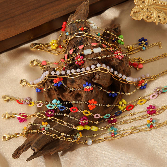 Boho vacation colorful flower stainless steel chain layer bracelet