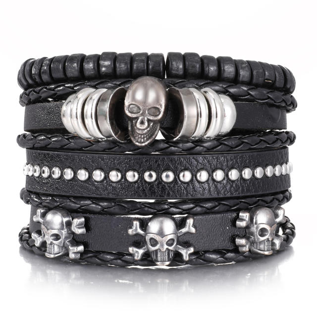 Men's DIY Woven suit Leather Bracelet Hot Selling Skull Beaded Punk Combination Bracelet