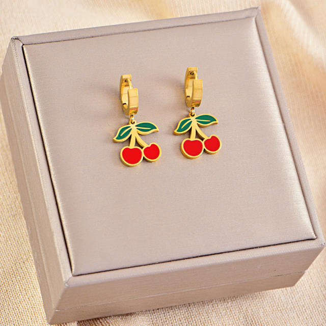 Sweet enamel Cherry charm cuban link chain stainless steel necklace Earrings set