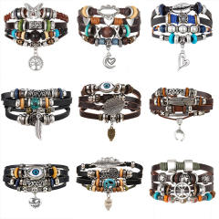 Turquoise men's woven artificial leather bracelet multi-layer leaf pendant beaded bracelet