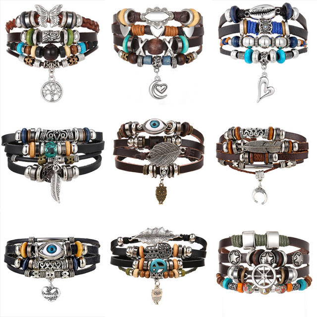Turquoise men's woven artificial leather bracelet multi-layer leaf pendant beaded bracelet