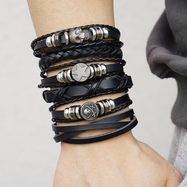 Men's DIY Woven suit Leather Bracelet Hot Selling Skull Beaded Punk Combination Bracelet
