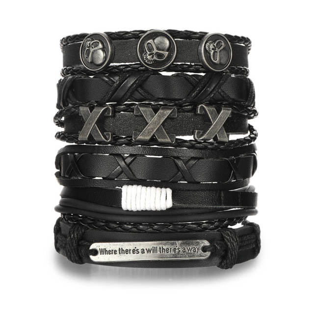 Men's DIY Woven suit Leather Bracelet Hot Selling Skull Beaded Punk Combination Bracelet