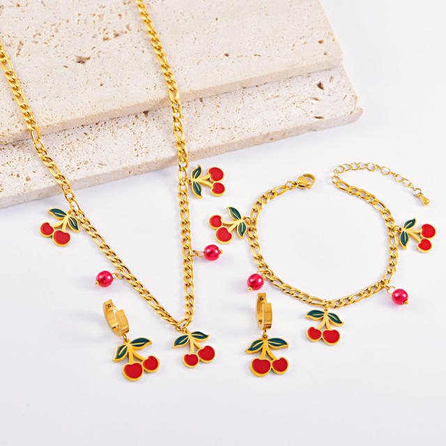 Sweet enamel Cherry charm cuban link chain stainless steel necklace Earrings set