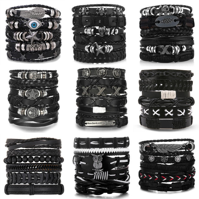 Men's DIY Woven suit Leather Bracelet Hot Selling Skull Beaded Punk Combination Bracelet