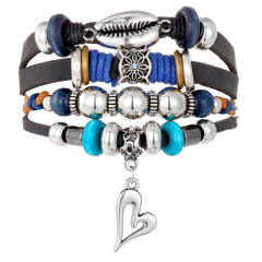 Turquoise men's woven artificial leather bracelet multi-layer leaf pendant beaded bracelet