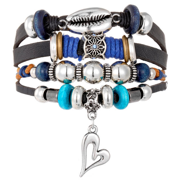 Turquoise men's woven artificial leather bracelet multi-layer leaf pendant beaded bracelet