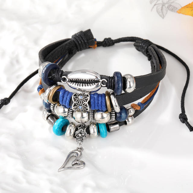 Turquoise men's woven artificial leather bracelet multi-layer leaf pendant beaded bracelet
