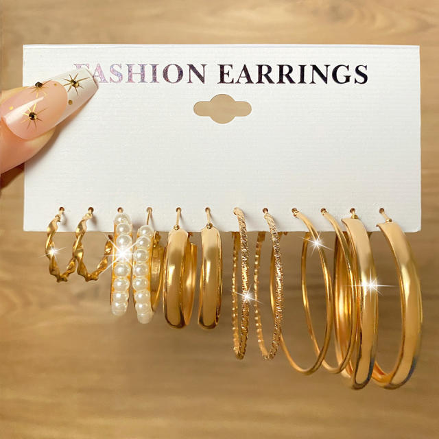 Fashion geometric hoop pearl earrings earrings suit 6-piece set
