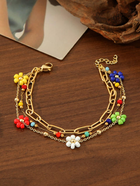 Boho vacation colorful flower stainless steel chain layer bracelet