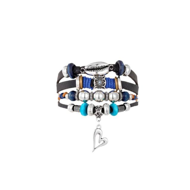 Turquoise men's woven artificial leather bracelet multi-layer leaf pendant beaded bracelet