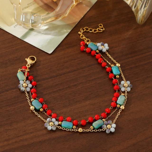 Boho turquoise zircon pearl life tree stainless steel anklet