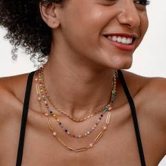 Boho colorful seed bead pink daisy flower layer stainless steel necklace