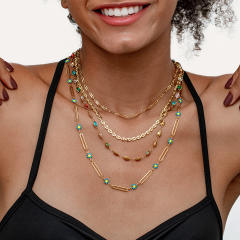 Gold Natural Stone Handmade Beaded Necklace 4 Layer stainless steel necklace