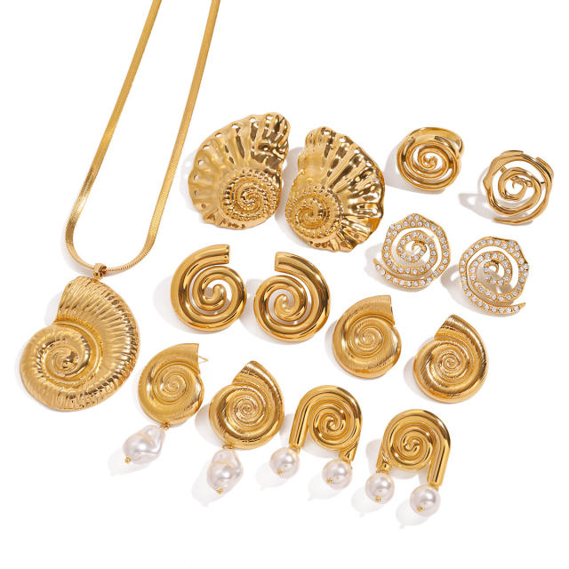 Vacation stainless steel conch necklace pearl earrings set collection