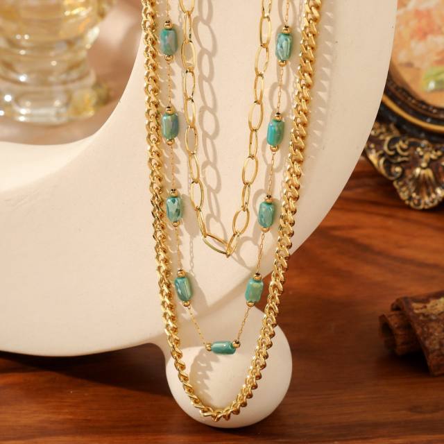 Boho colorful enamel layer stainless steel chain necklace