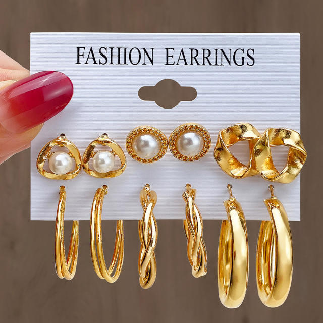 Fashion geometric hoop pearl earrings earrings suit 6-piece set