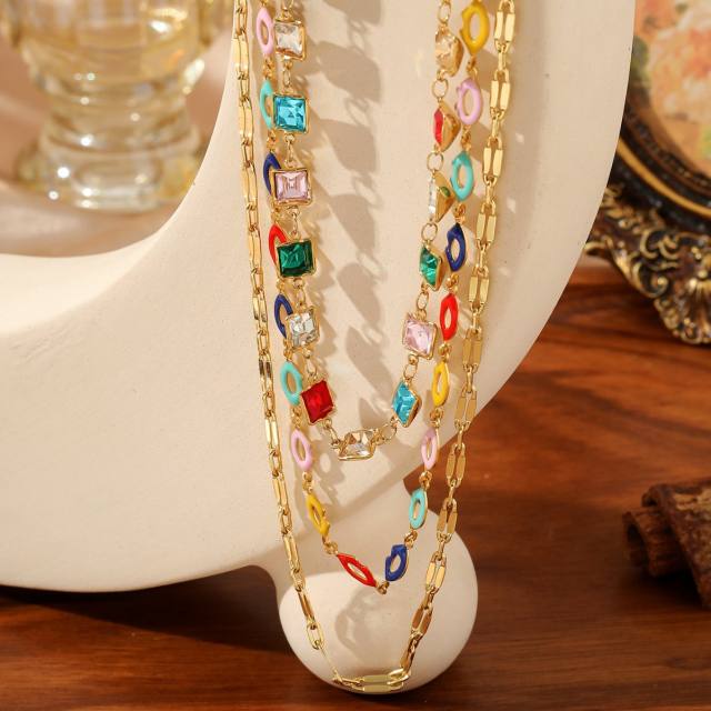 Boho colorful enamel layer stainless steel chain necklace