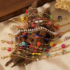 Boho vacation colorful flower stainless steel chain layer bracelet