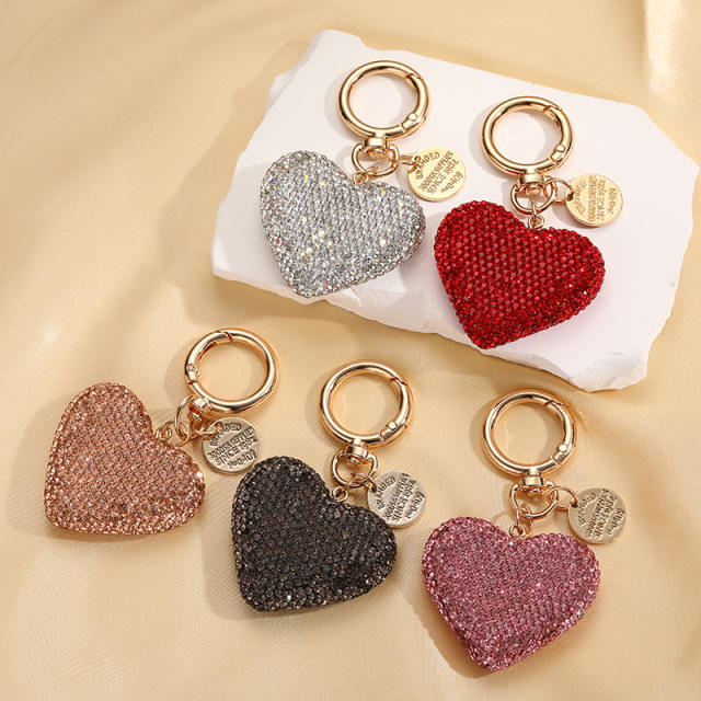 Full Diamond Peach Heart Keychain Car Key Pendant Fashion Tag Openable Heart Keychain
