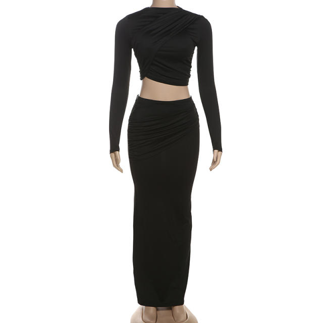 2024 Autumn Winter Women's New Collage Pleated Long Sleeve Top Solid Color All-match Elegant Long Dress suit