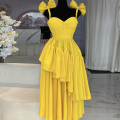 Sweet yellow color bow shoulder slip maxi dress for women