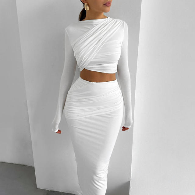 2024 Autumn Winter Women's New Collage Pleated Long Sleeve Top Solid Color All-match Elegant Long Dress suit