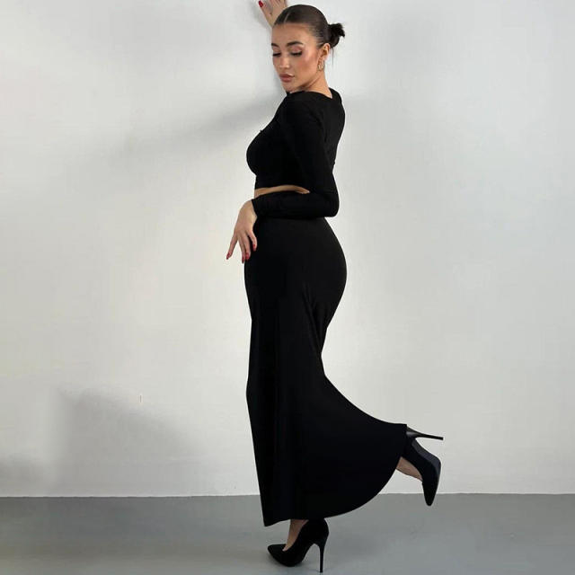 2024 Autumn Winter Women's New Collage Pleated Long Sleeve Top Solid Color All-match Elegant Long Dress suit