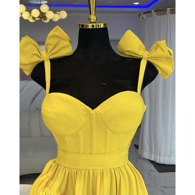 Sweet yellow color bow shoulder slip maxi dress for women