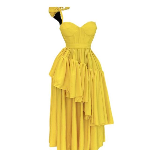 Sweet yellow color bow shoulder slip maxi dress for women