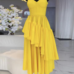Sweet yellow color bow shoulder slip maxi dress for women