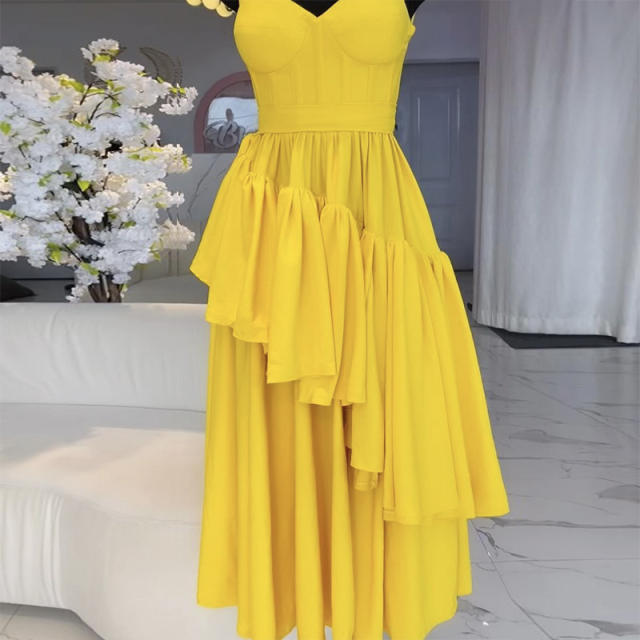 Sweet yellow color bow shoulder slip maxi dress for women