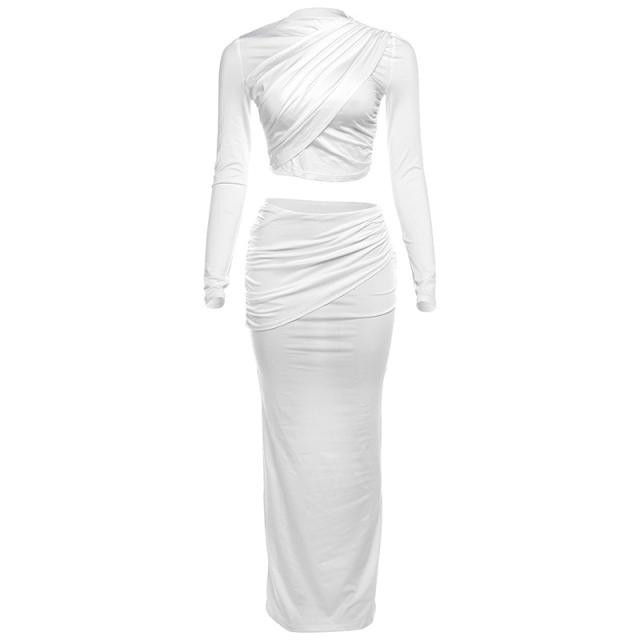 2024 Autumn Winter Women's New Collage Pleated Long Sleeve Top Solid Color All-match Elegant Long Dress suit