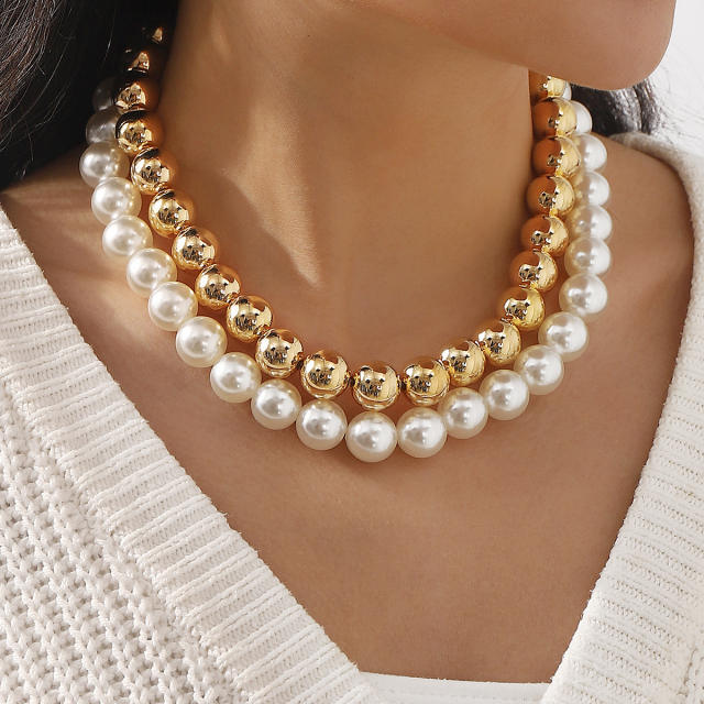 Exaggerated double-layer beaded necklace imitation pearl CCB beads choker necklace